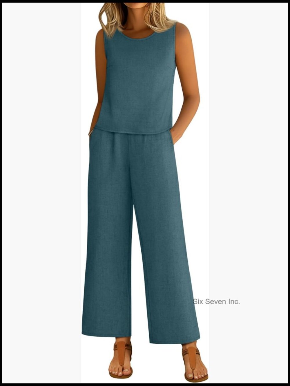 Linen 2 Piece Summer Outfit Crop Tank & Elastic High Waist Cropped Pants Set
